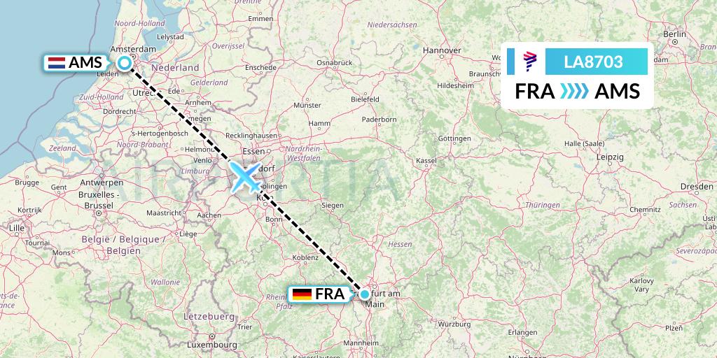 LA8703 LAN Airlines Flight Map: Frankfurt to Amsterdam