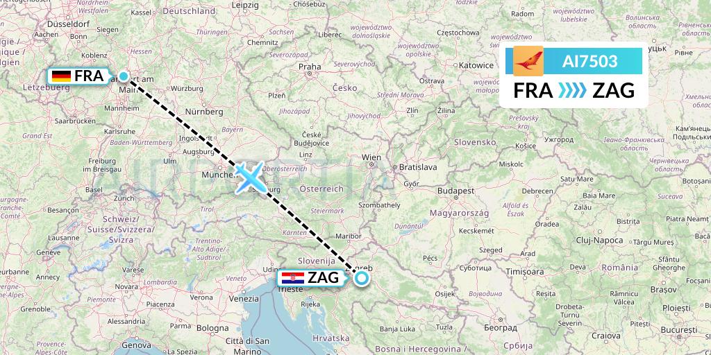AI7503 Air India Flight Map: Frankfurt to Zagreb
