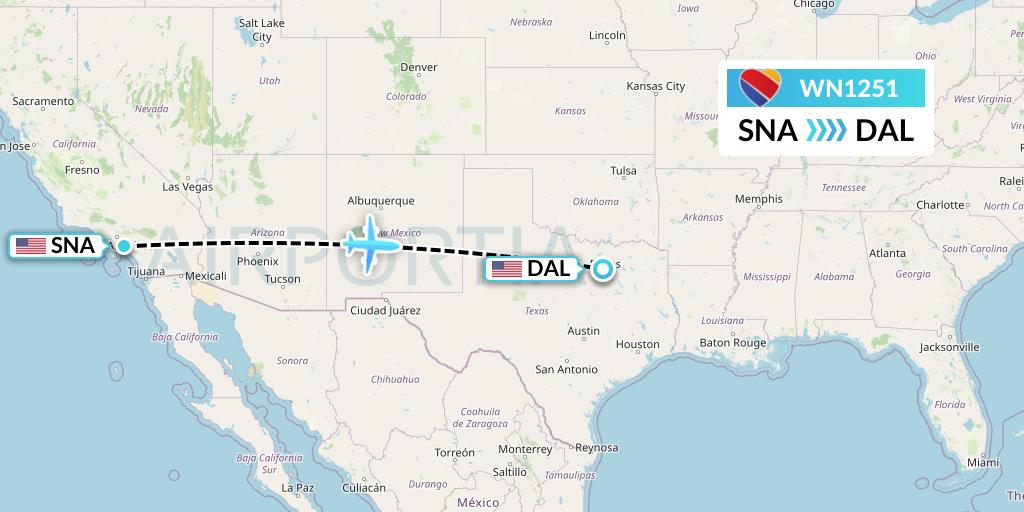 WN1251 Southwest Airlines Flight Map: Orange County to Dallas