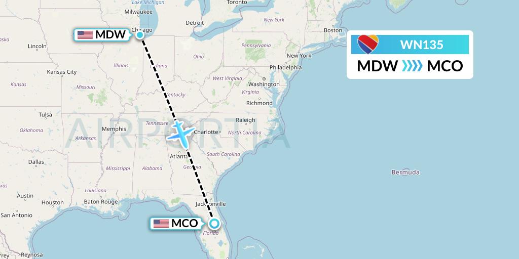 WN135 Southwest Airlines Flight Map: Chicago to Orlando