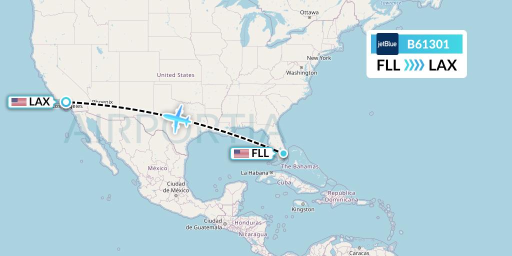 B61301 JetBlue Airways Flight Map: Fort Lauderdale to Los Angeles