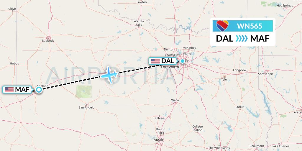 WN565 Southwest Airlines Flight Map: Dallas to Midland
