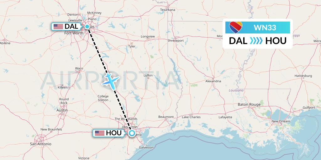 WN33 Southwest Airlines Flight Map: Dallas to Houston