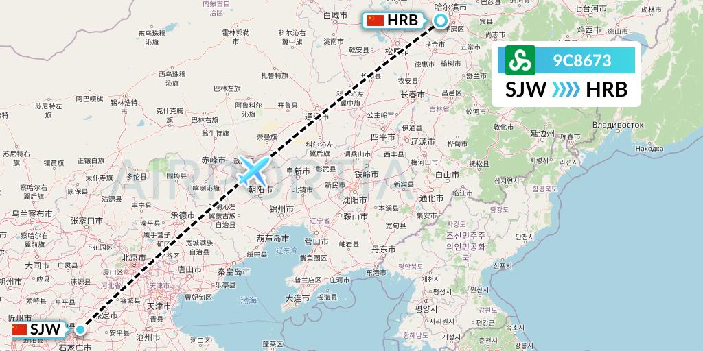 9C8673 Spring Airlines Flight Map: Shijiazhuang to Harbin