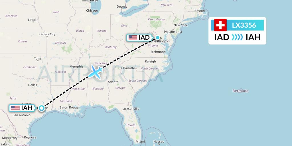 LX3356 Swiss Flight Map: Washington to Houston