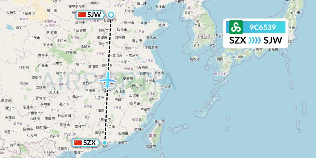 9C6539 Spring Airlines Flight Map: Shenzhen to Shijiazhuang