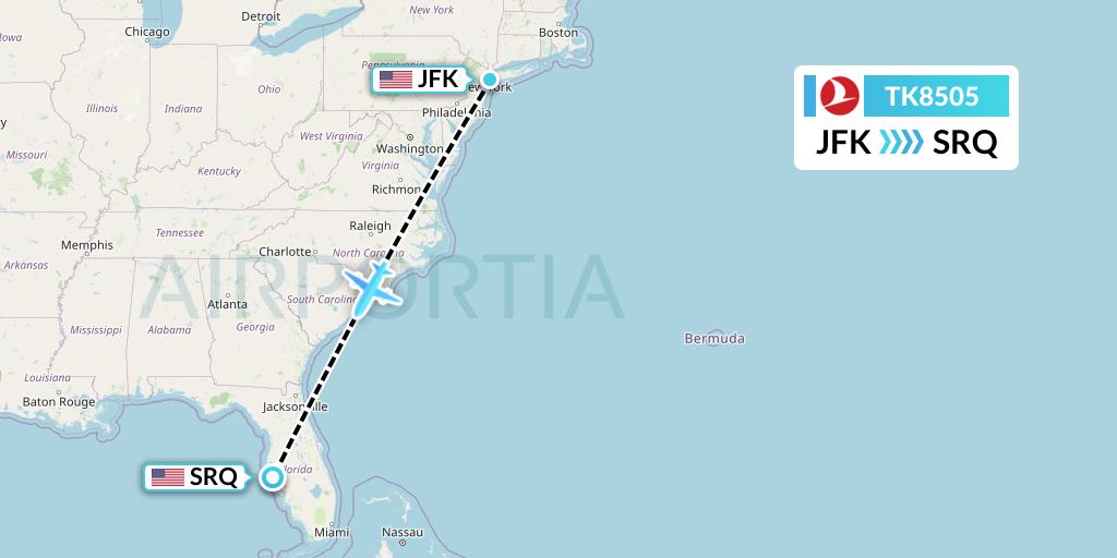 TK8505 Turkish Airlines Flight Map: New York to Sarasota