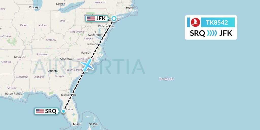 TK8542 Turkish Airlines Flight Map: Sarasota to New York