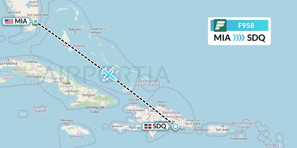F958 Frontier Airlines Flight Map: Miami to Santo Domingo