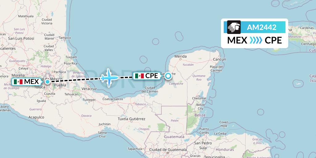AM2442 Aeromexico Flight Map: Mexico City to Campeche
