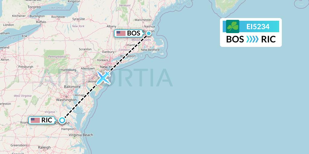 EI5234 Aer Lingus Flight Map: Boston to Richmond