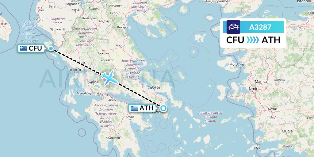 A3287 Aegean Airlines Flight Map: Corfu to Athens