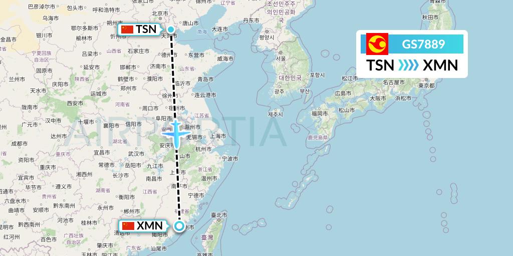 GS7889 Tianjin Airlines Flight Map: Tianjin to Xiamen