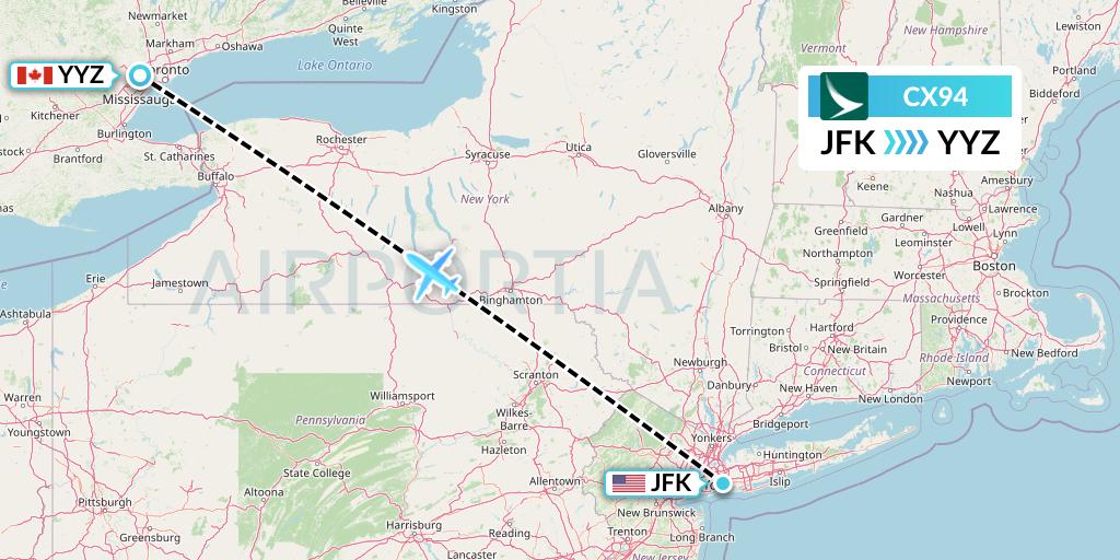 CX94 Cathay Pacific Flight Map: New York to Toronto