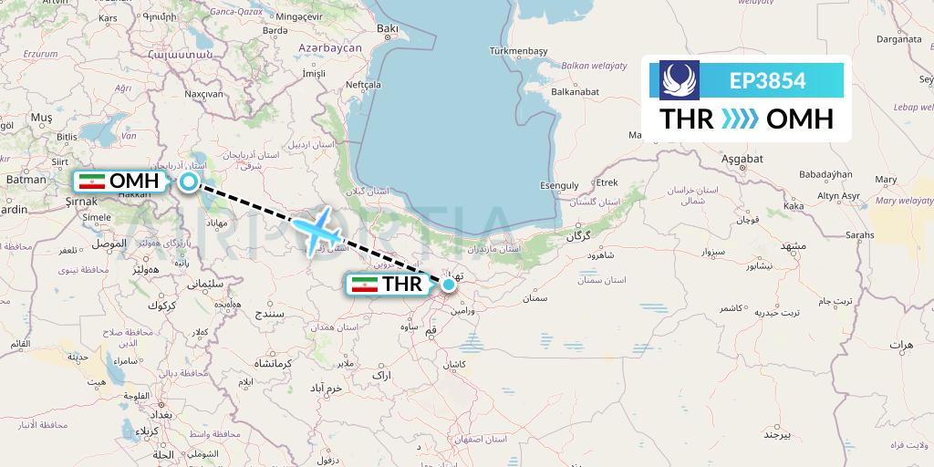 EP3854 Iran Aseman Airlines Flight Map: Tehran to Urmia