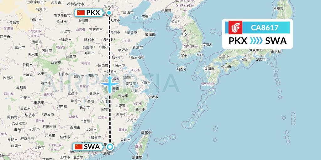 CA8617 Air China Flight Map: Beijing to Jieyang