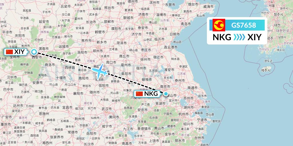 GS7658 Tianjin Airlines Flight Map: Nanjing to Xi'an