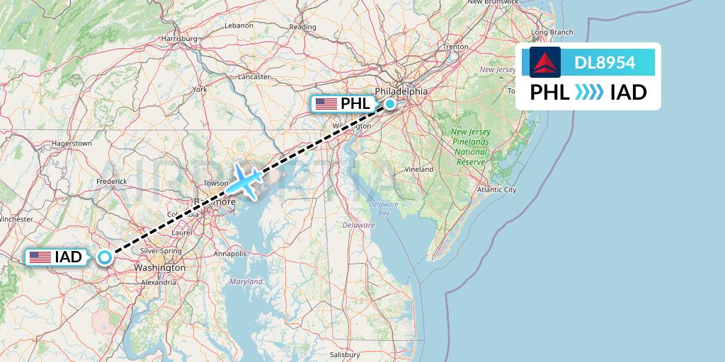 DL8954 Delta Air Lines Flight Map: Philadelphia to Washington