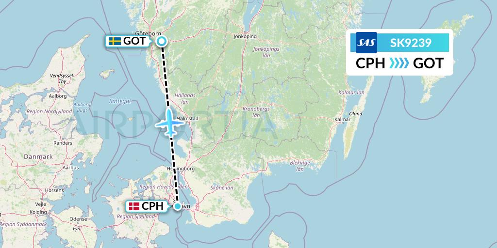 SK9239 SAS Flight Map: Copenhagen to Gothenburg
