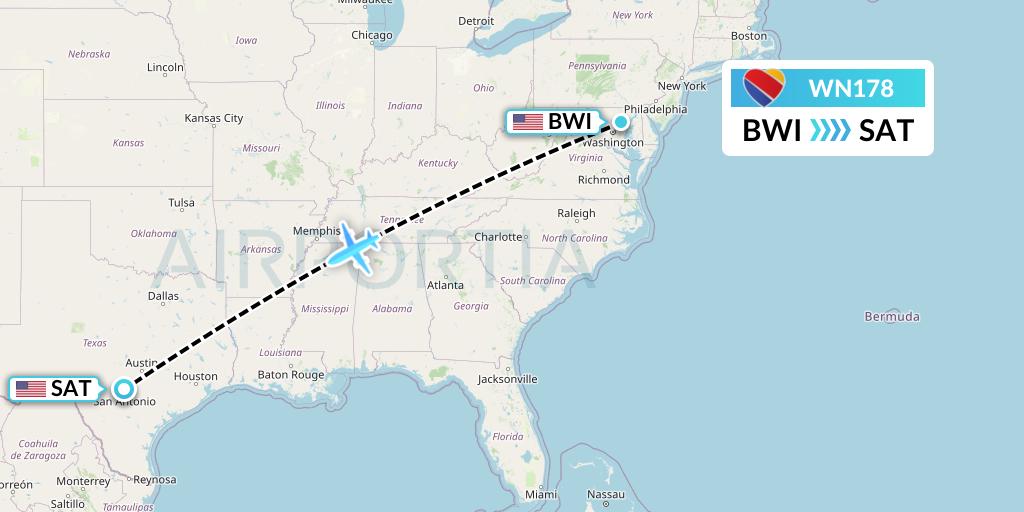 WN178 Southwest Airlines Flight Map: Baltimore to San Antonio