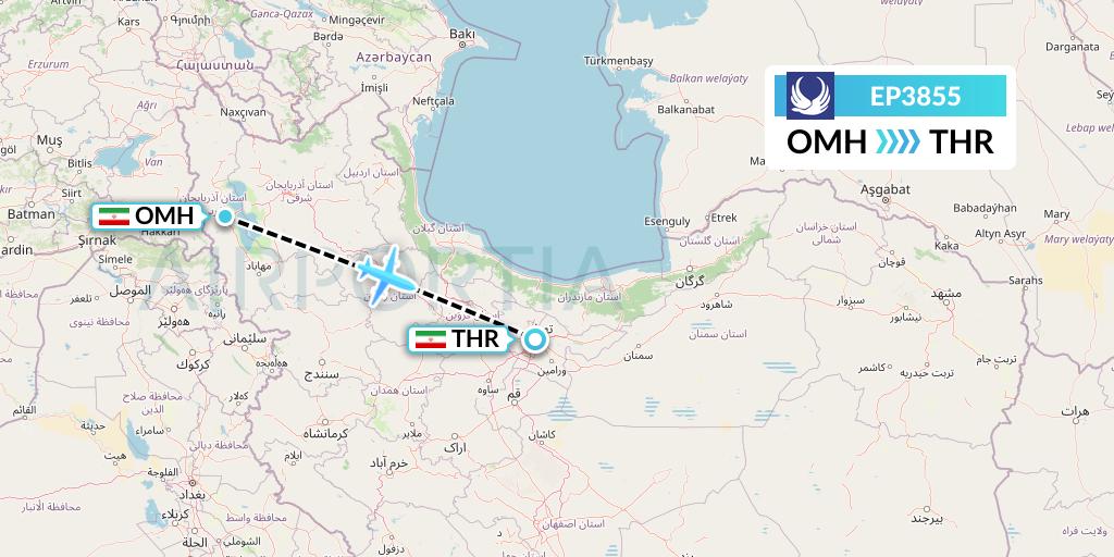 EP3855 Iran Aseman Airlines Flight Map: Urmia to Tehran