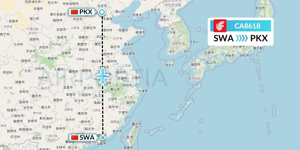CA8618 Air China Flight Map: Jieyang to Beijing
