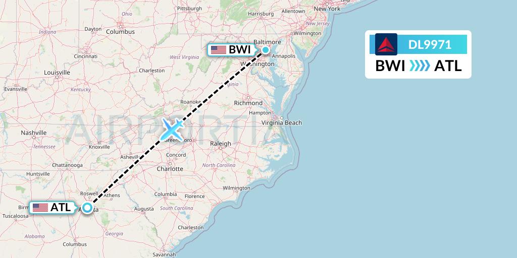 DL9971 Delta Air Lines Flight Map: Baltimore to Atlanta
