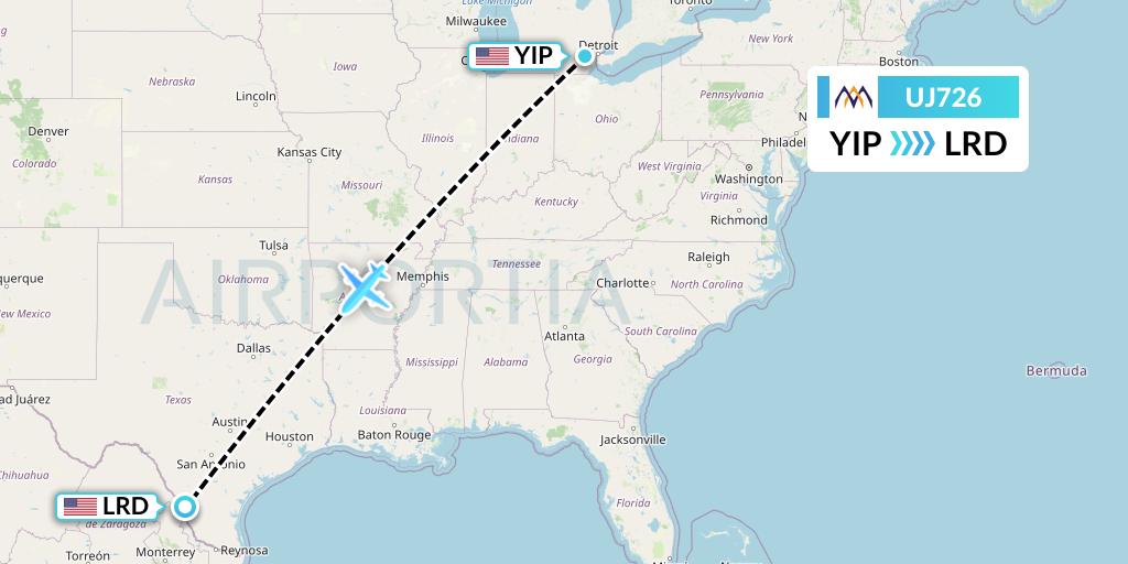 UJ726 AlMasria Universal Airlines Flight Map: Detroit to Laredo