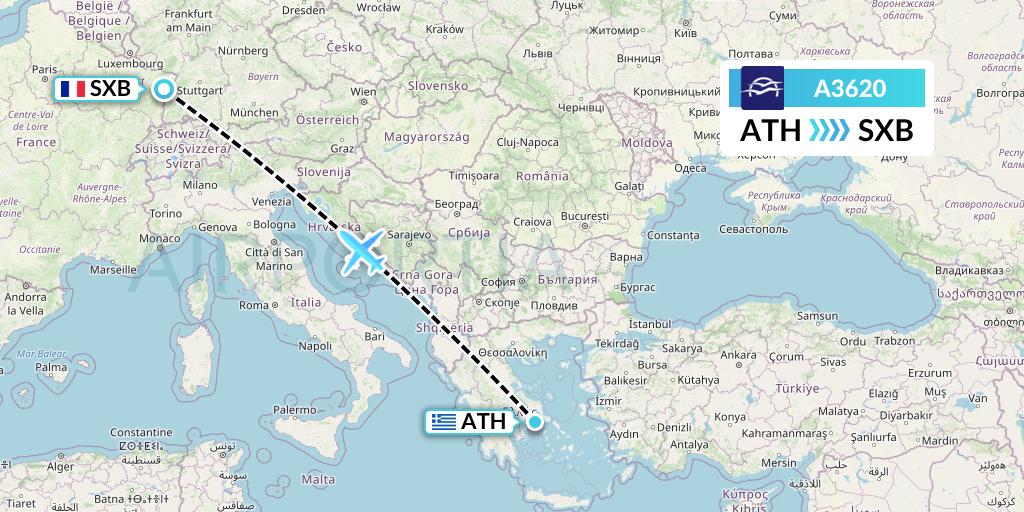 A3620 Aegean Airlines Flight Map: Athens to Strasbourg