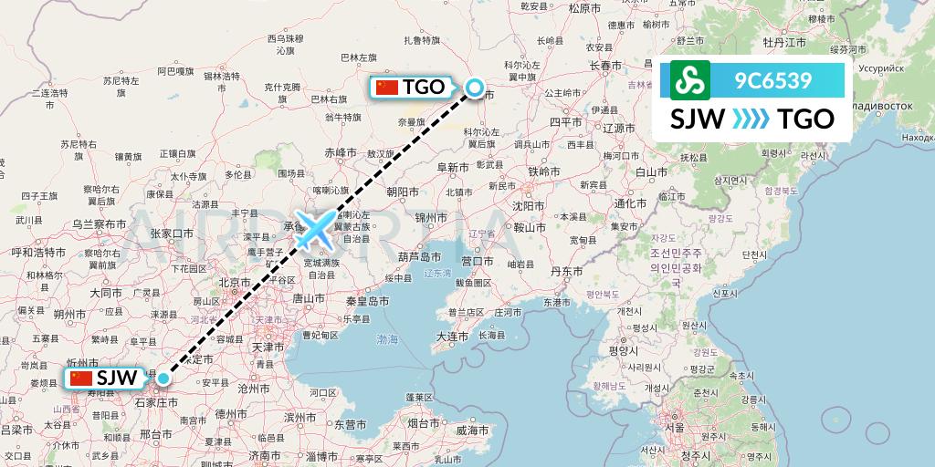 9C6539 Spring Airlines Flight Map: Shijiazhuang to Tongliao