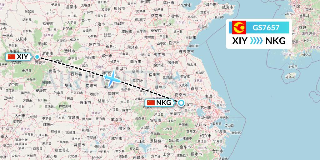 GS7657 Tianjin Airlines Flight Map: Xi'an to Nanjing