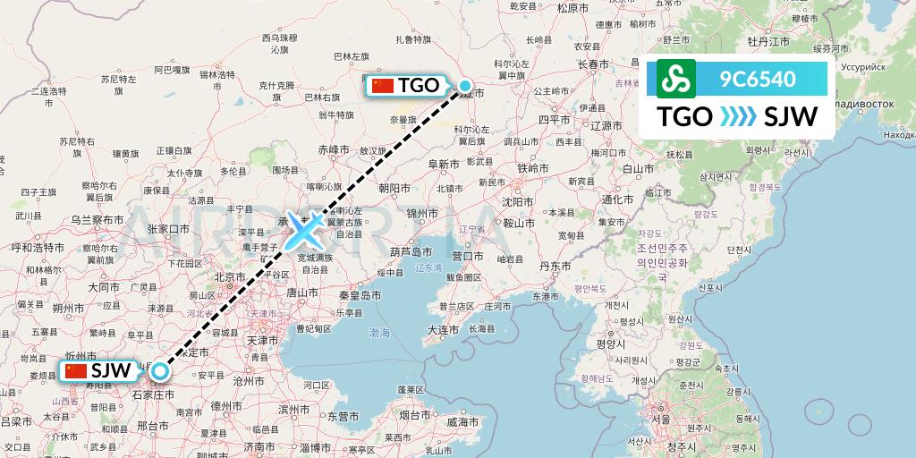 9C6540 Spring Airlines Flight Map: Tongliao to Shijiazhuang