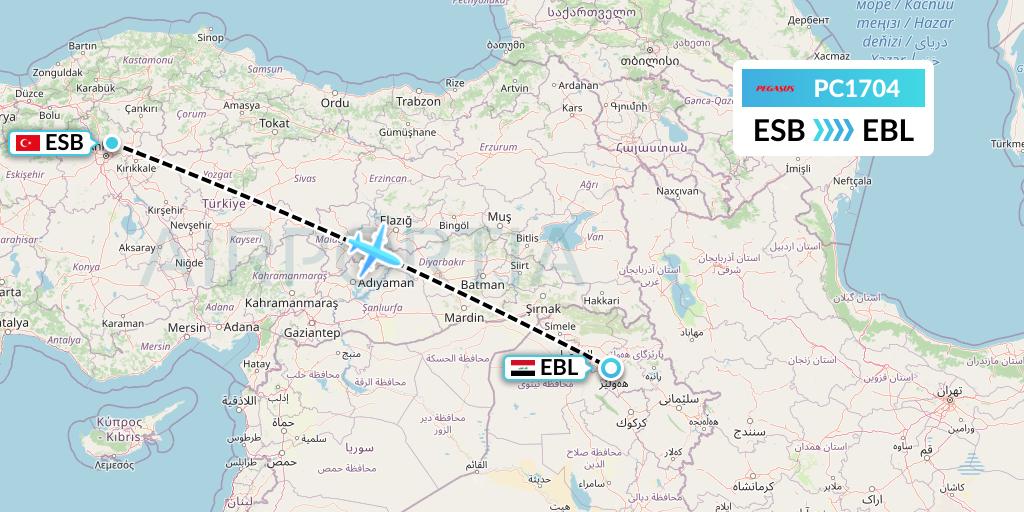 PC1704 Pegasus Airlines Flight Map: Ankara to Arbil