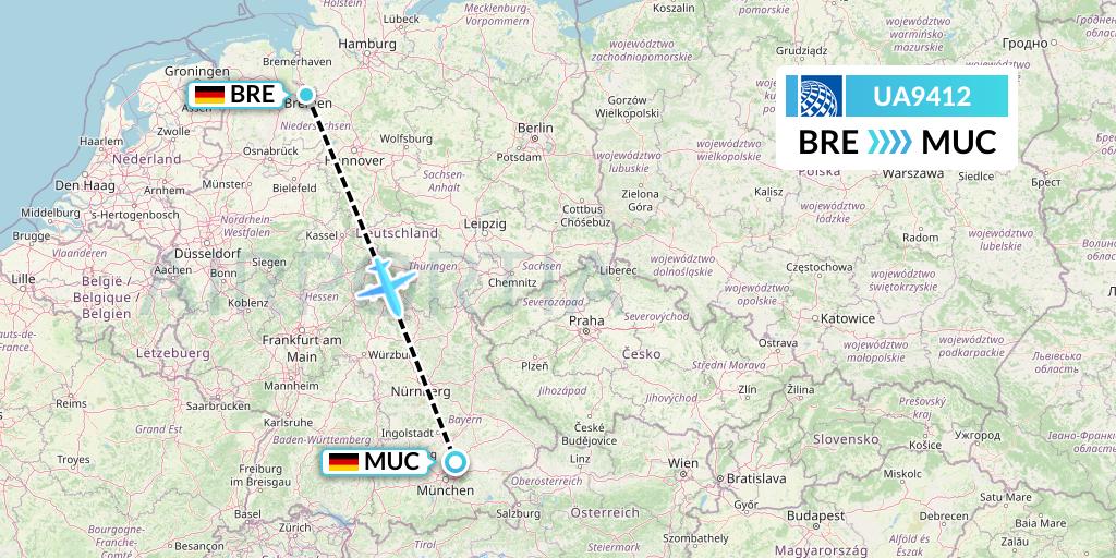 UA9412 United Airlines Flight Map: Bremen to Munich