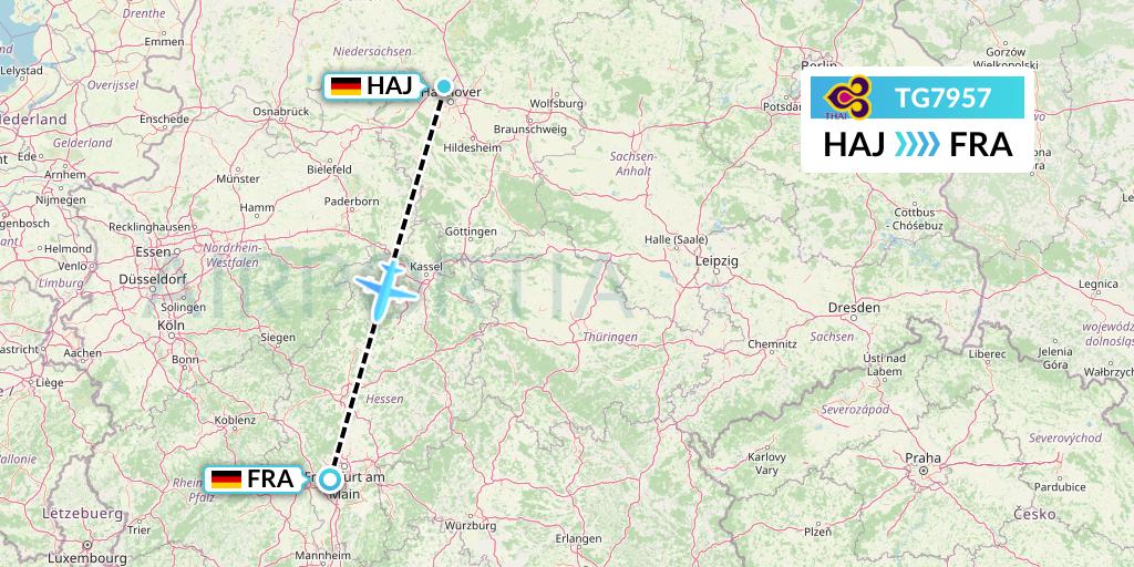 TG7957 Thai Airways Flight Map: Hannover to Frankfurt