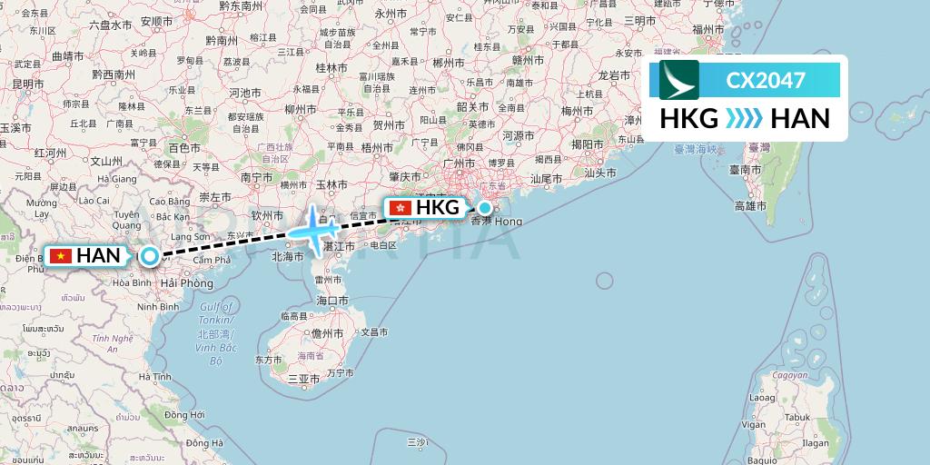 CX2047 Cathay Pacific Flight Map: Hong Kong to Hanoi
