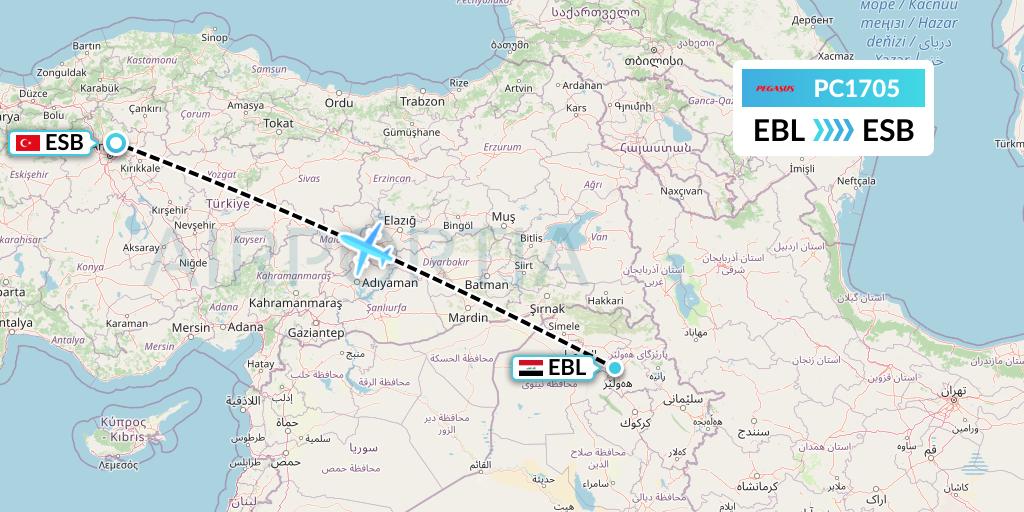 PC1705 Pegasus Airlines Flight Map: Arbil to Ankara