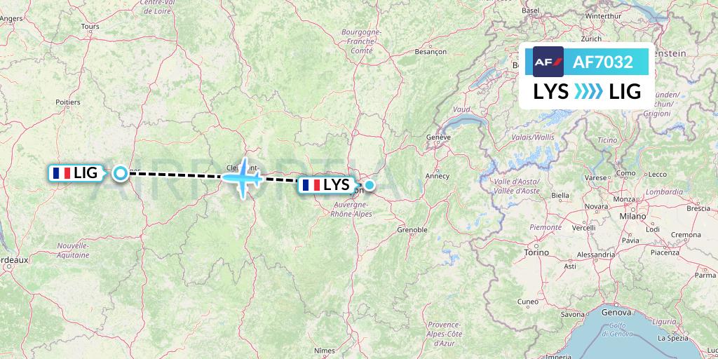 AF7032 Air France Flight Map: Lyon to Limoges