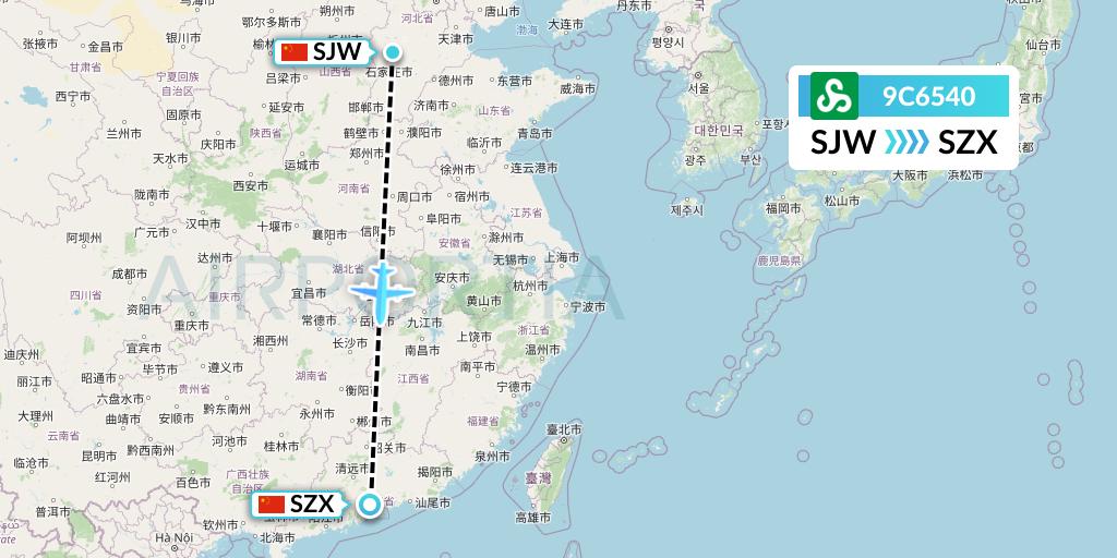 9C6540 Spring Airlines Flight Map: Shijiazhuang to Shenzhen
