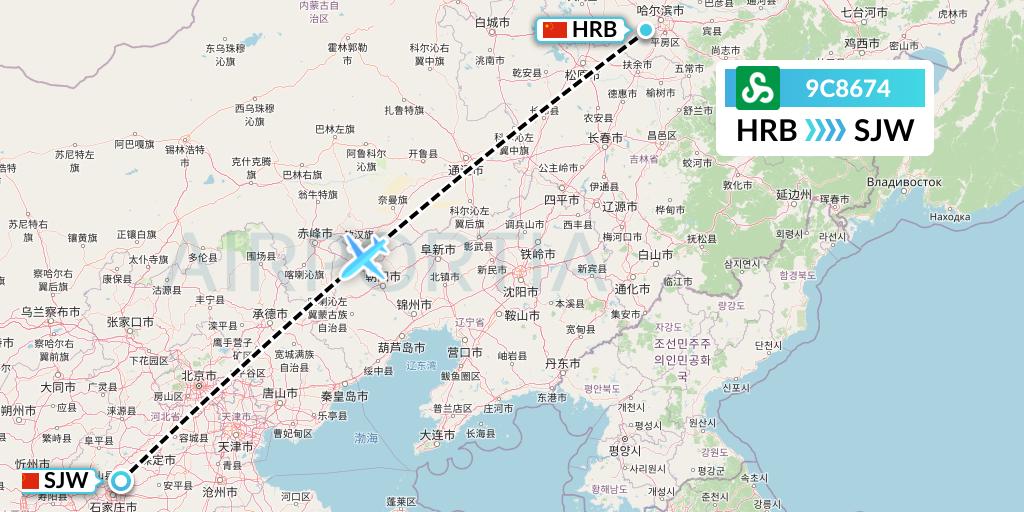 9C8674 Spring Airlines Flight Map: Harbin to Shijiazhuang