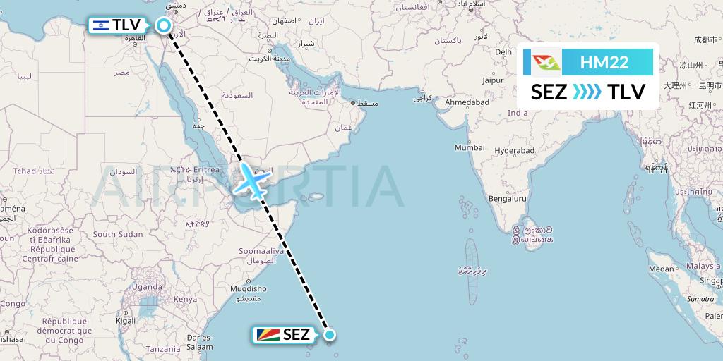 HM22 Air Seychelles Flight Map: Victoria to Tel Aviv