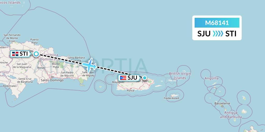 M68141 Amerijet International Flight Map: San Juan to Santiago de los Caballeros