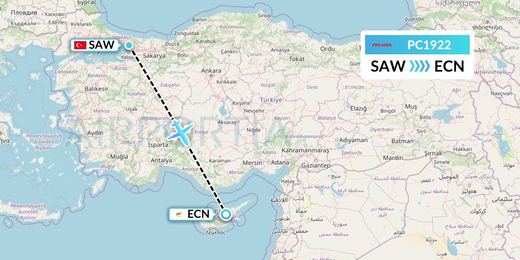PC1922 Pegasus Airlines Flight Map: Istanbul to Tymvou