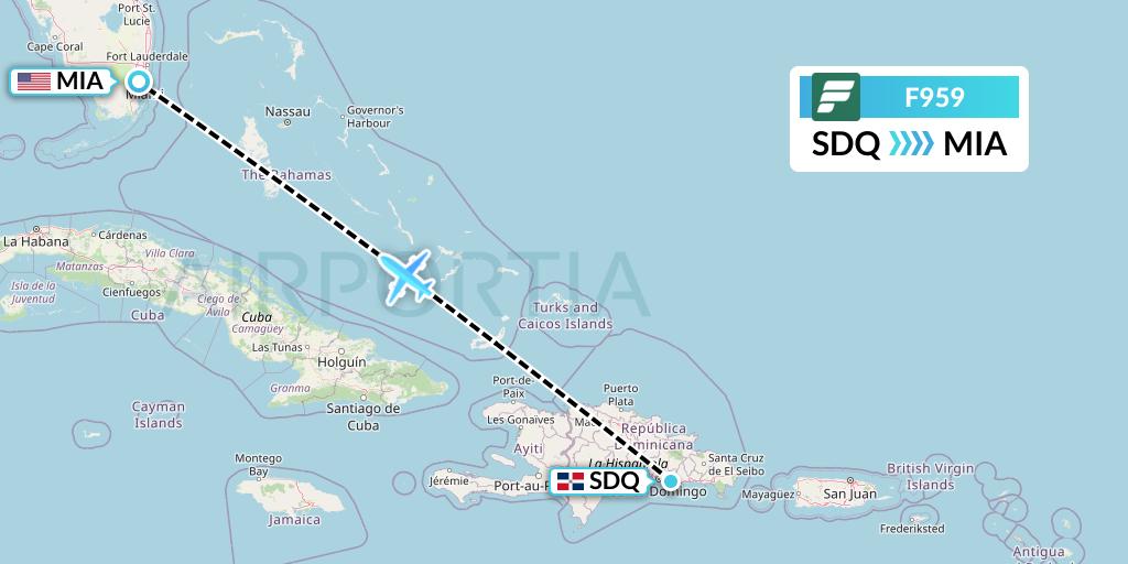 F959 Frontier Airlines Flight Map: Santo Domingo to Miami