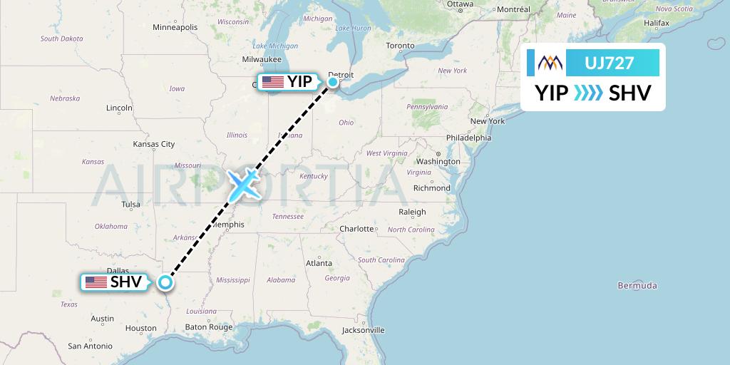 UJ727 AlMasria Universal Airlines Flight Map: Detroit to Shreveport