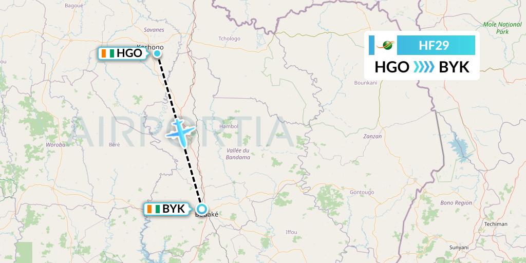 HF29 Air Cote d'Ivoire Flight Map: Ivory Coast to Ivory Coast