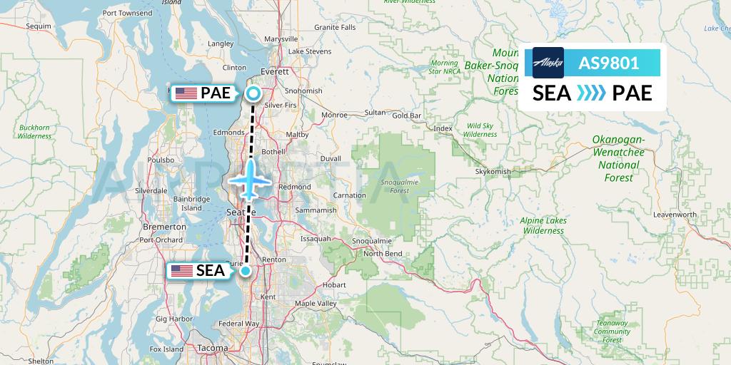 AS9801 Alaska Airlines Flight Map: Seattle to Everett