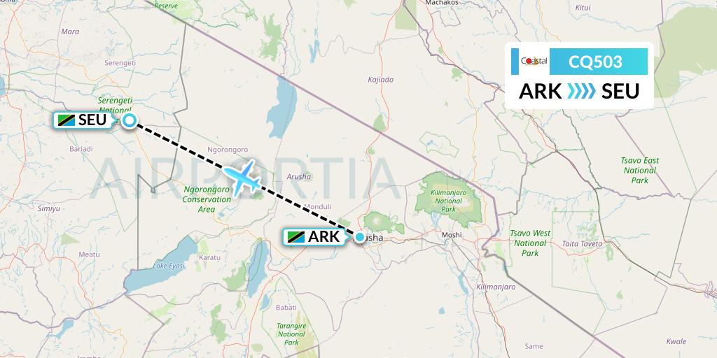 CQ503 Coastal Aviation Flight Map: Arusha to Seronera