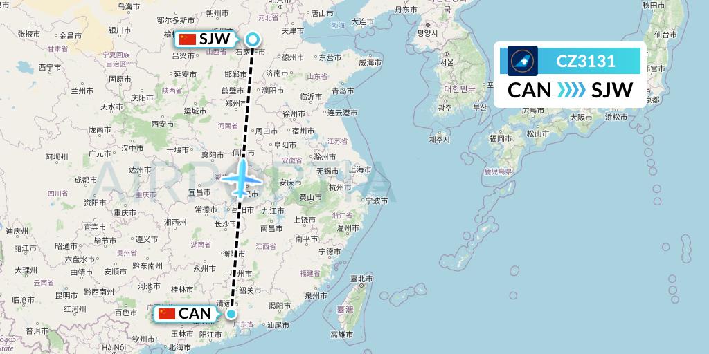 CZ3131 China Southern Airlines Flight Map: Guangzhou to Shijiazhuang