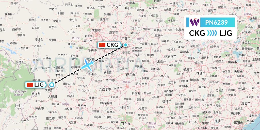 PN6239 China West Air Flight Map: Chongqing to Lijiang